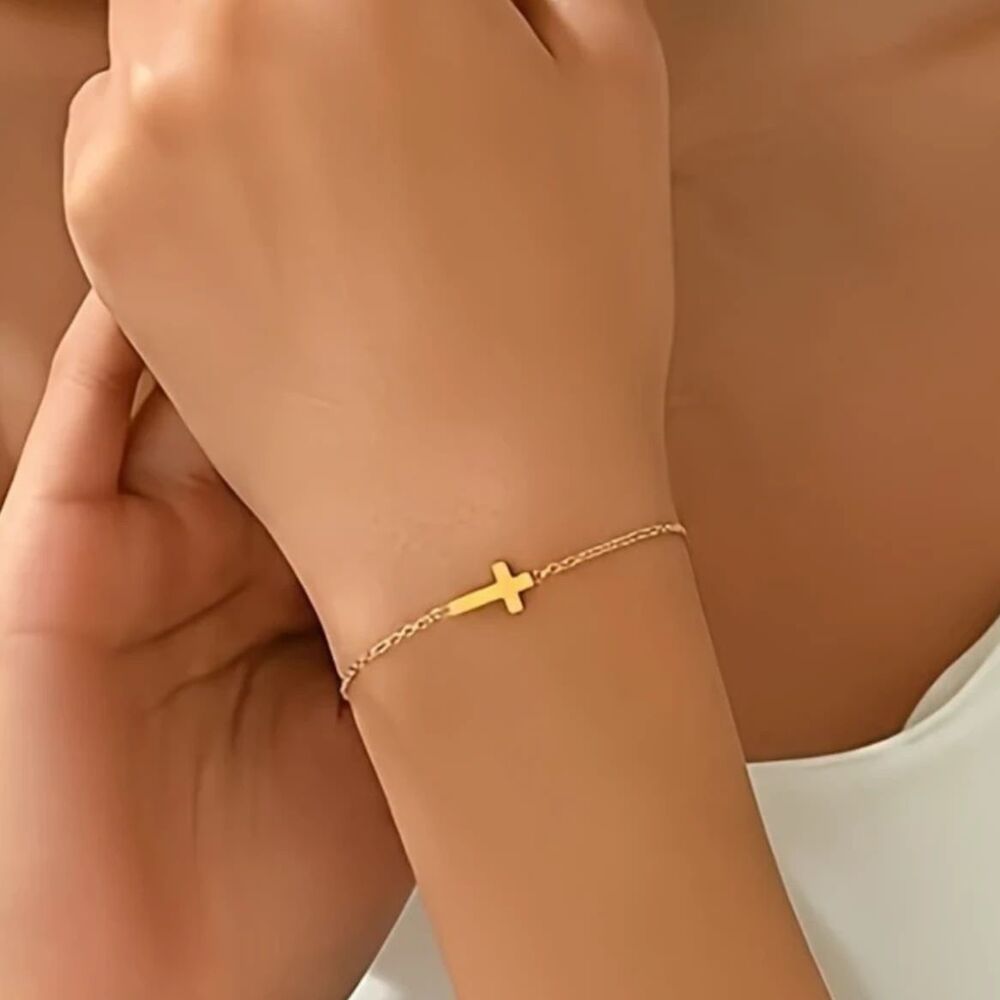 Gold Stainless Steel Cross Bracelet Adjustable Chain Religious Classic Everyday
